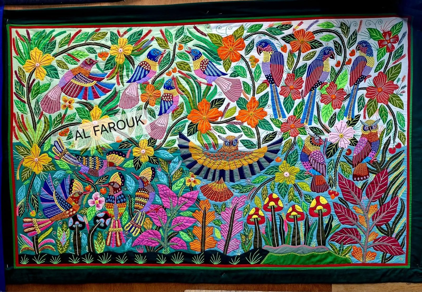 Colourful Khayamiya panel filled with birds, flowers and leaves
