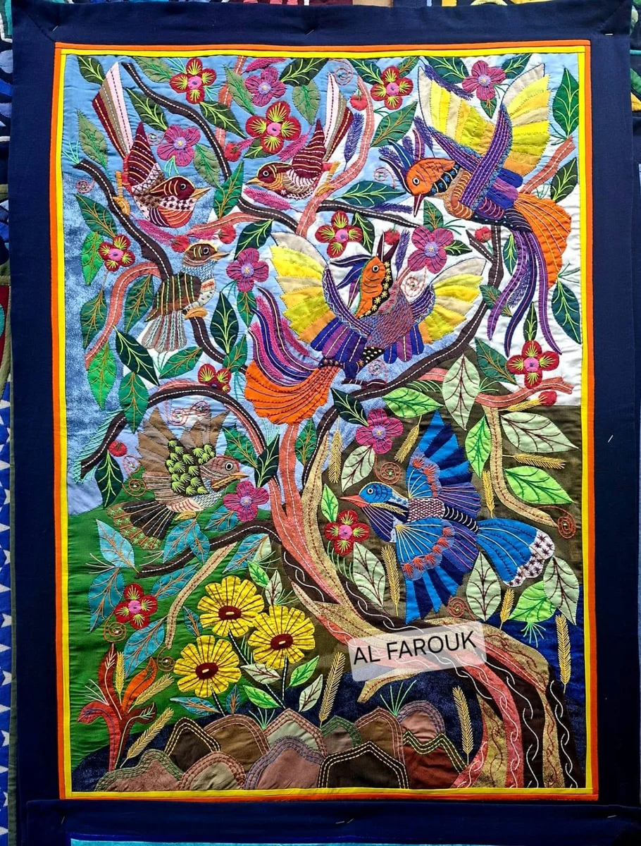 Khayamiya panel of colourful birds among flowers and branches