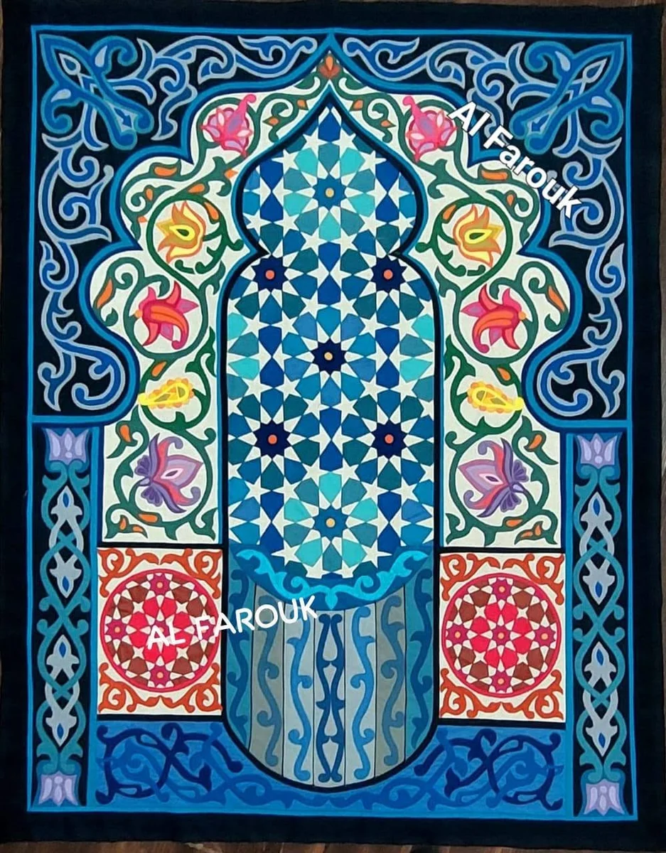 Blue Khayamiya arch design with floral border and star geometry