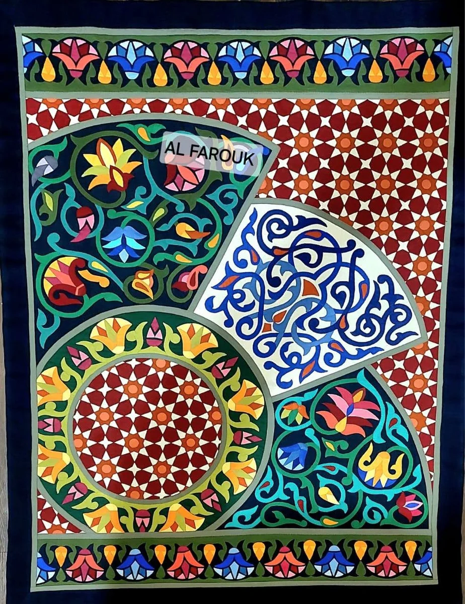 Geometric and floral Khayamiya panel with a circular motif and patterned background
